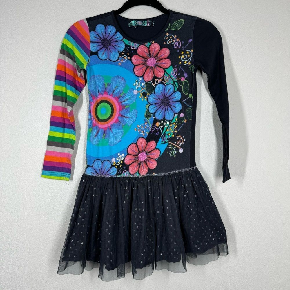 Desigual Girls Floral Dress Tulle Skirt Sequins Whimsical Rainbow Size 11/12